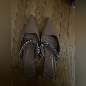 Zara Taupe Pointed-Toe Mule with Crystal-Embellished Strap